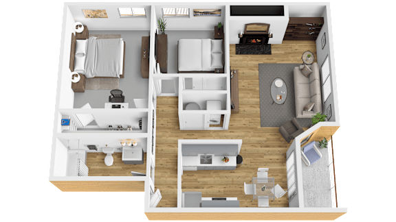 A top-down view of a small apartment layout with a kitchen, living room, and bedroom.