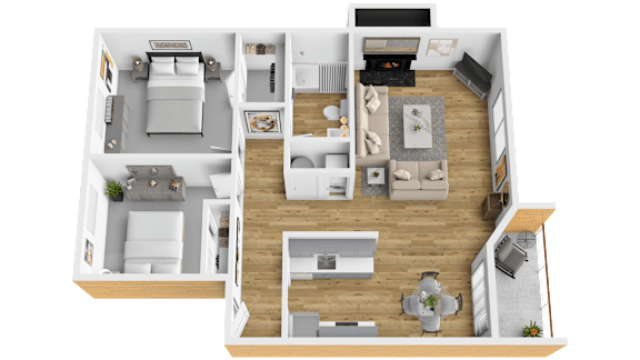 A 3D floor plan of a house showing a living room, kitchen, dining area, and bedrooms.