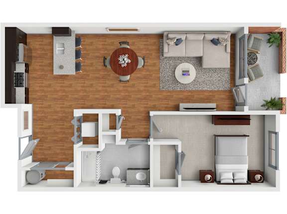 A top-down view of a living room with a couch, coffee table, and television.