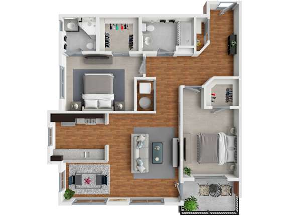 A top-down view of a living room, kitchen, and dining area.