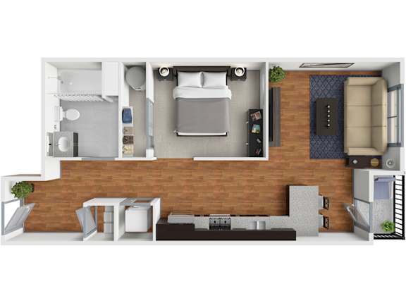 A modern apartment layout with a bedroom, living room, and kitchen.