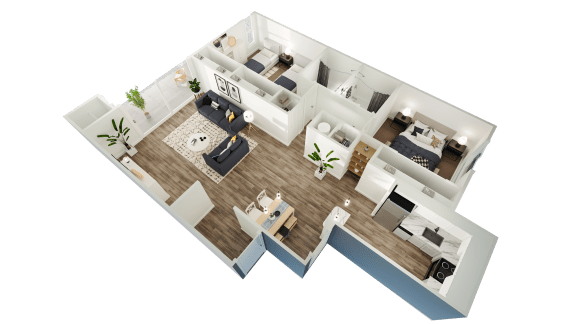 a 3d floor plan of a home with a bedroom and a living room