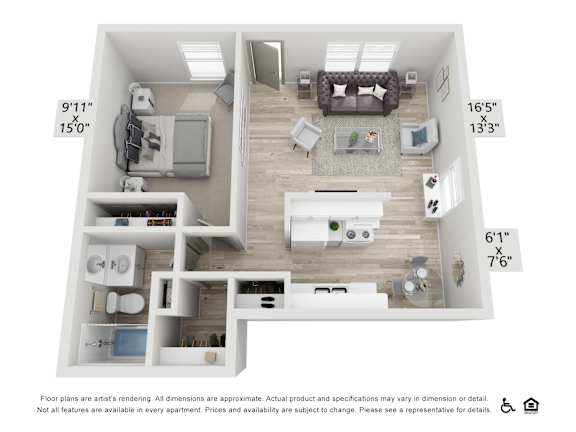Floor Plan  A floor plan of an apartment with a living room, kitchen, and bathroom.
