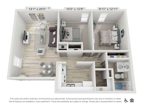Floor Plan  A floor plan of an apartment with three bedrooms, two bathrooms, and a living area.