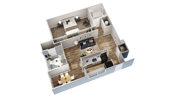 a 3d floor plan of a house with a bedroom and a living room