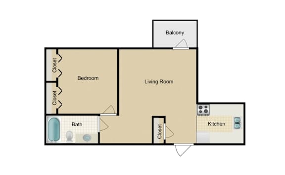 A diagram of a house layout with a living room, bedroom, bathroom, and kitchen.