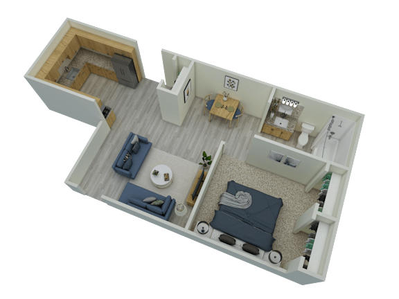 A 3D rendered image of a small apartment layout.