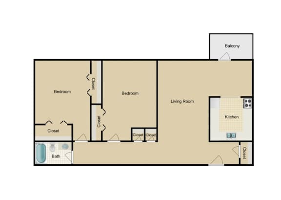 A floor plan of a house with two bedrooms, a living room, a kitchen, a bathroom, and a balcony.