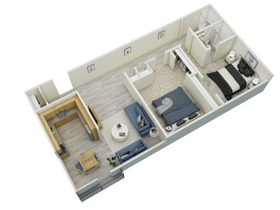 A 3D floor plan of a small apartment with a living room, kitchen, and bedroom.