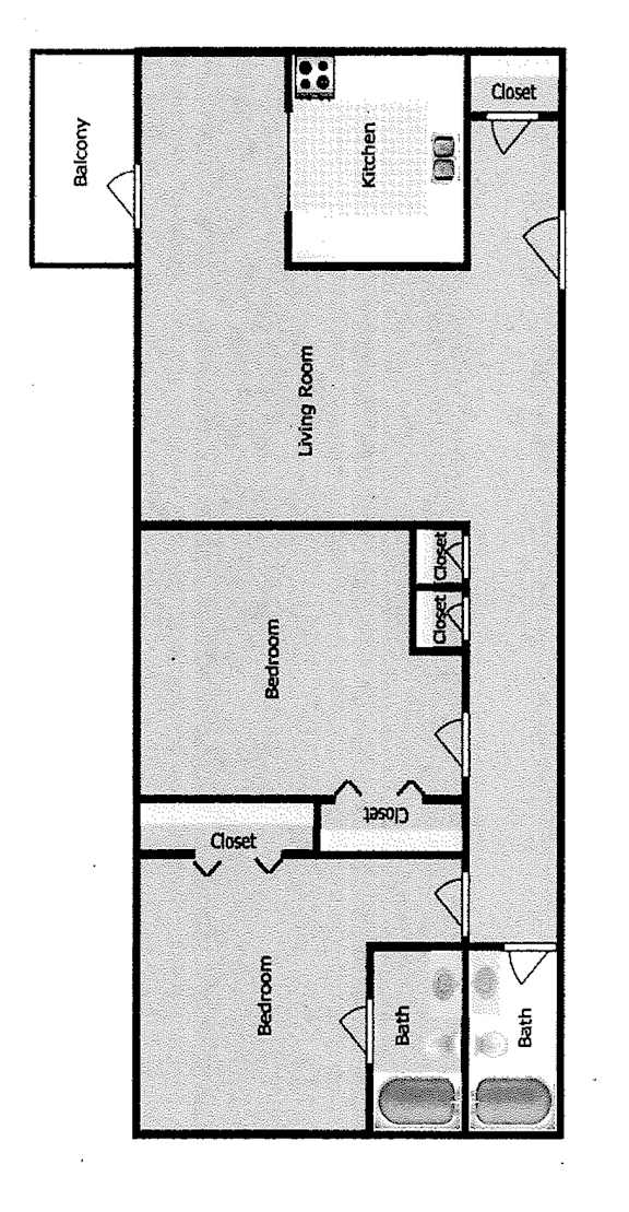 A floor plan of a house with a living room, two bedrooms, a bathroom, a kitchen, a balcony, and a closet.