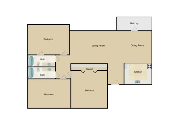A floor plan of a house with a balcony, two bathrooms, a living room, a dining room, a kitchen, and four bedrooms.