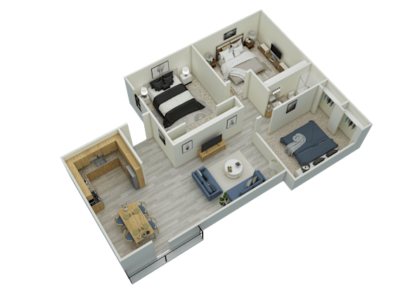 A 3D floor plan of a house with a living room, dining room, kitchen, and two bedrooms.