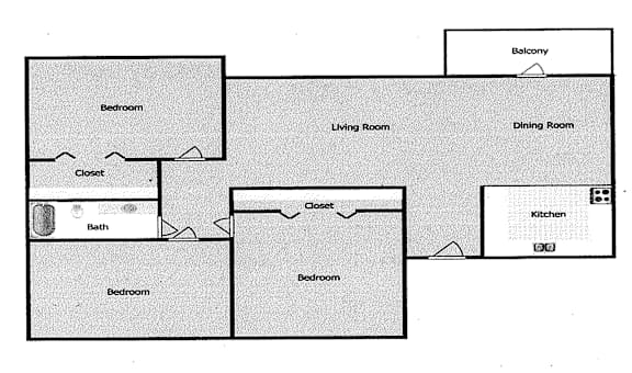 A floor plan of a house with a living room, dining room, kitchen, and three bedrooms.