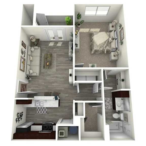 A 3D rendered image of a small apartment with a living room, kitchen, and bedroom.
