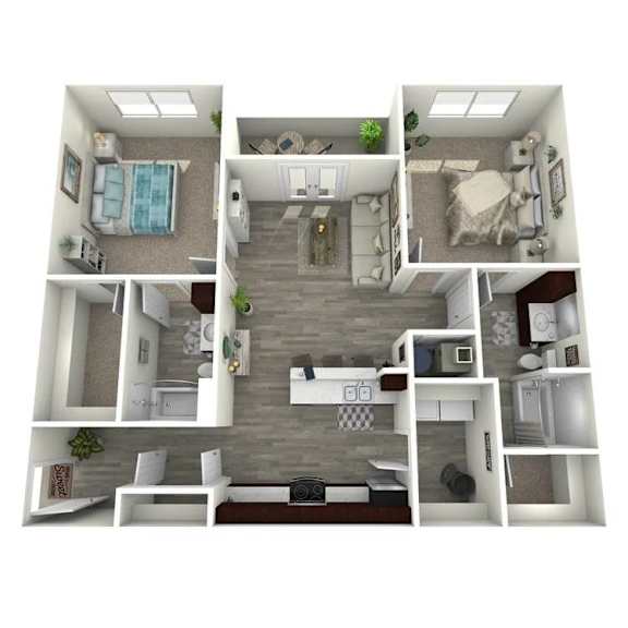 A 3D floor plan of a small apartment with a kitchen, living room, and bedroom.