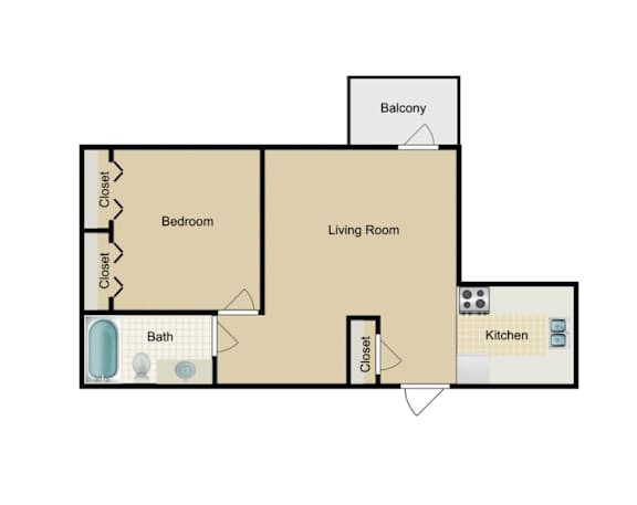 A floor plan of a house with a bedroom, living room, kitchen, bathroom, and balcony.