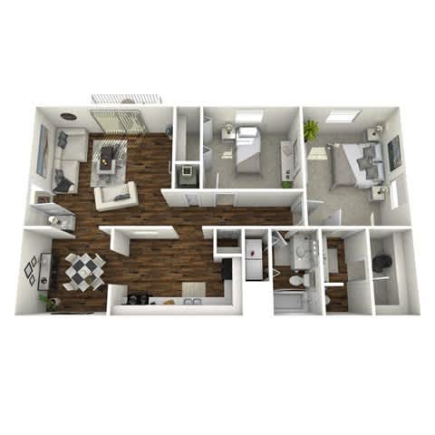A 3D floor plan of a house with a kitchen, living room, and bedrooms.