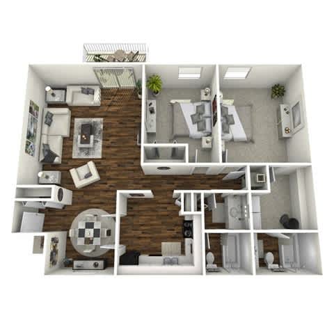A 3D floor plan of a house with a kitchen, living room, and bathroom.