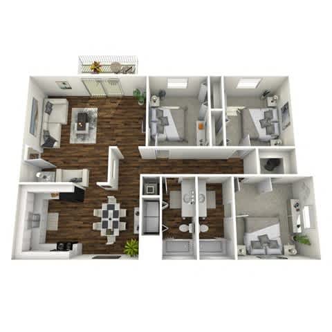 A 3D rendered image of a house layout.