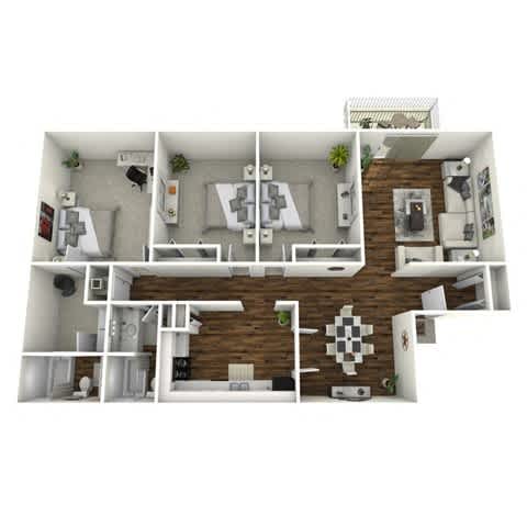 A 3D floor plan of a house with a kitchen, living room, and bathroom.