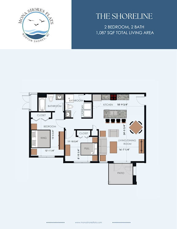 A floor plan for a Mona Shores Flats apartment is shown with two bedrooms, two baths and a total living area of 1,087 square feet.