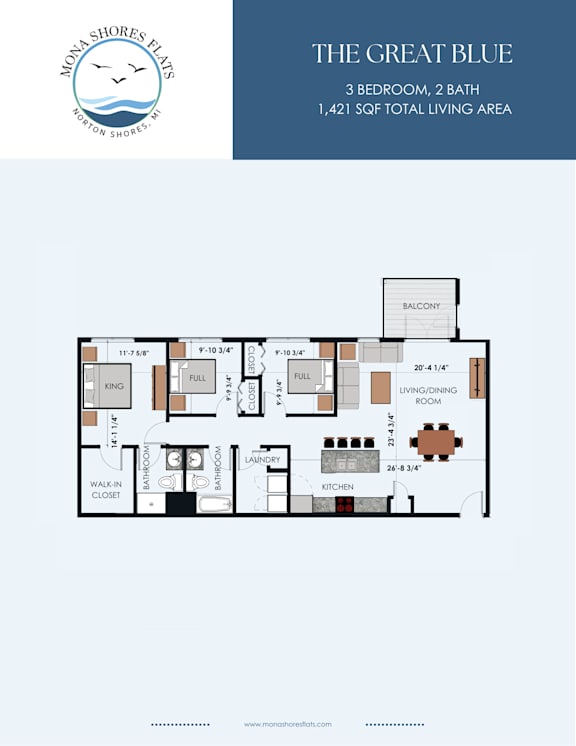 A floor plan for a property called The Great Blue, which has 3 bedrooms, 2 bathrooms, and a total living area of 1,421 square feet.
