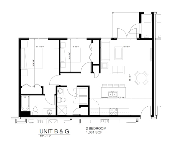 A black and white floor plan of a 2 bedroom apartment.