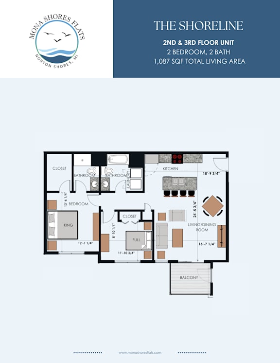 A floor plan for a 2nd and 3rd floor unit with a total living area of 1,087 square feet.