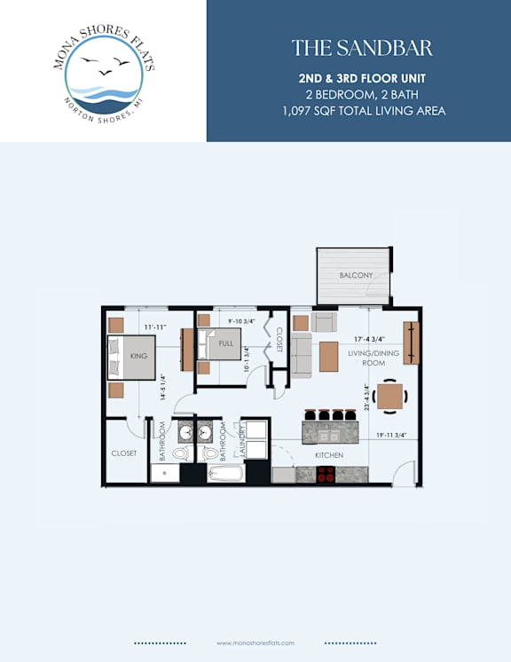 A floor plan for a 2 bedroom, 2 bathroom apartment with a total living area of 1,097 square feet.