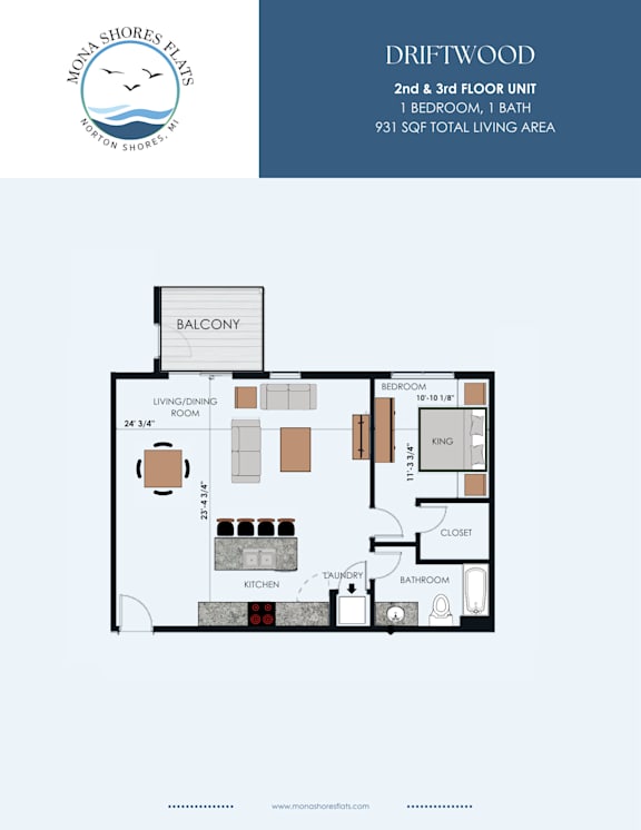 A floor plan for a 2nd and 3rd floor unit with a balcony.