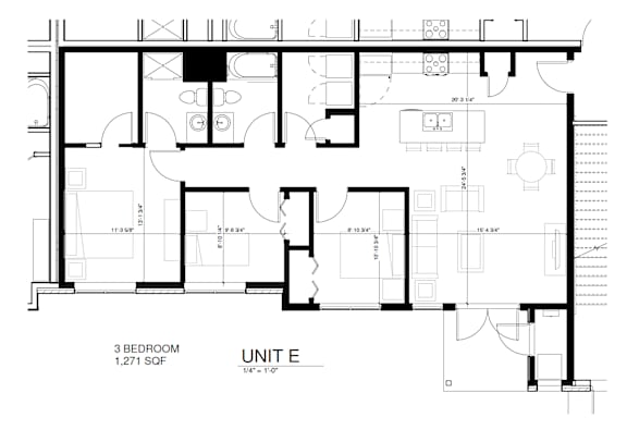 A black and white floor plan of a 3 bedroom unit.