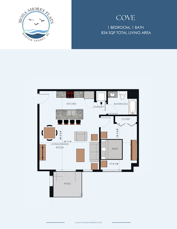 A floor plan of a one bedroom, one bath apartment with a living room and kitchen.