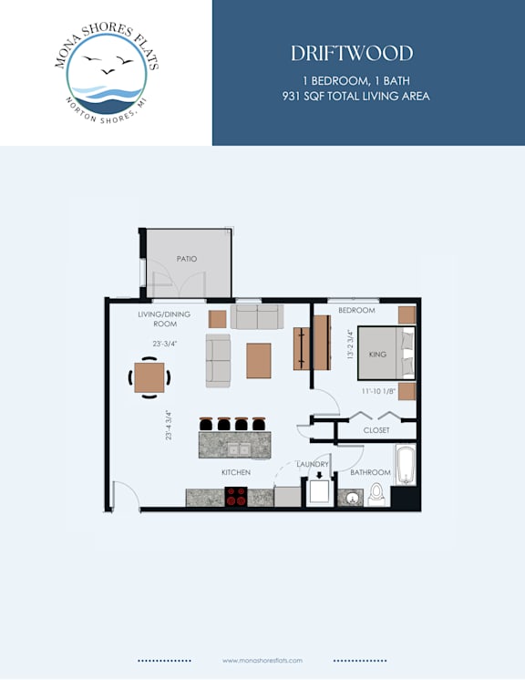 A floor plan for a one bedroom, one bath apartment at Moka Shores.
