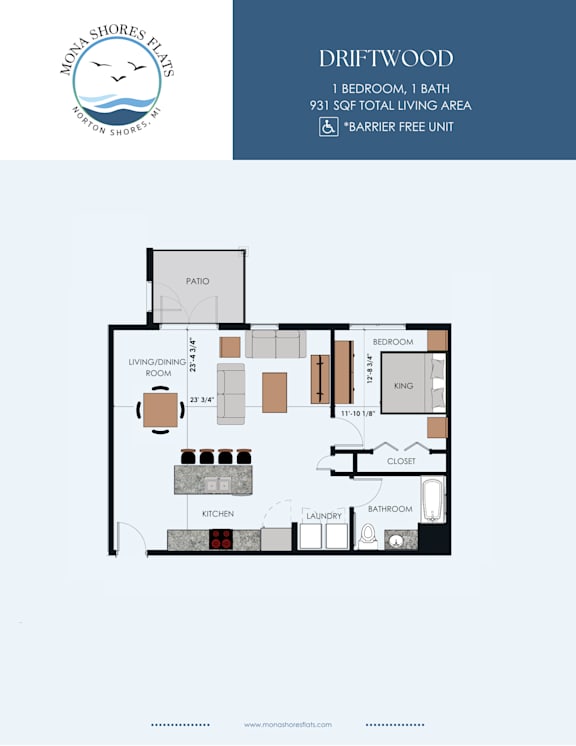 A floor plan for a property at Moka Shores shows a one bedroom, one bath unit with a living/dining area, kitchen, bathroom, and closet.