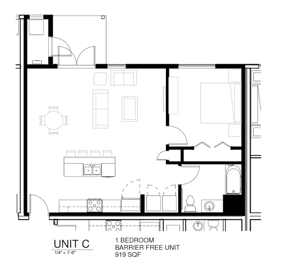 A black and white floor plan of a one bedroom apartment.