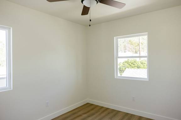 A room with a ceiling fan and a window showing a view of a tree.