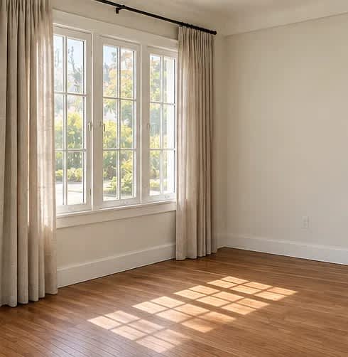 A room with a window and curtains letting in sunlight.