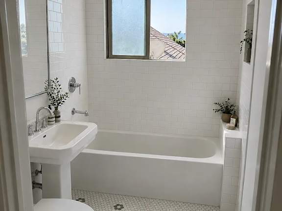 A white bathroom with a tub, sink, and toilet.