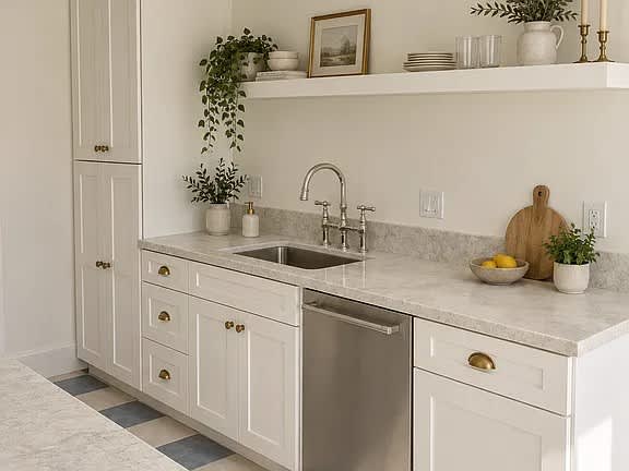 A kitchen with a sink and a dishwasher.