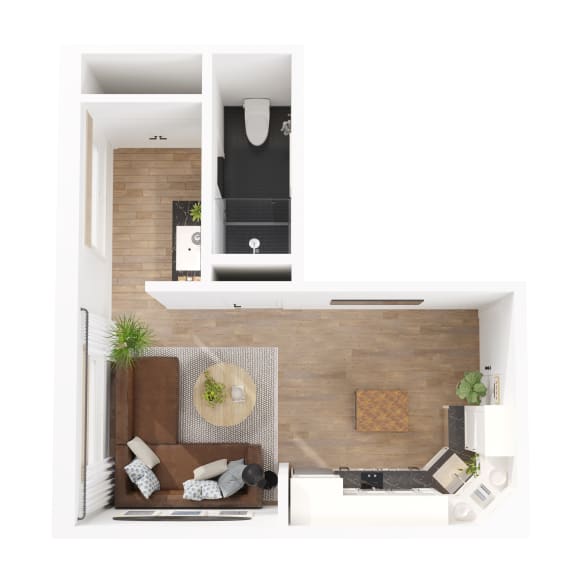 a floor plan of a studio apartment with a bedroom and a living room