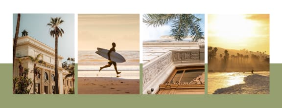 a collage of images with a man running on the beach with a surfboard