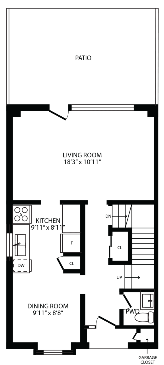 2d floorplan of the ground floor of a 3 bedroom, 2 bathroom town home