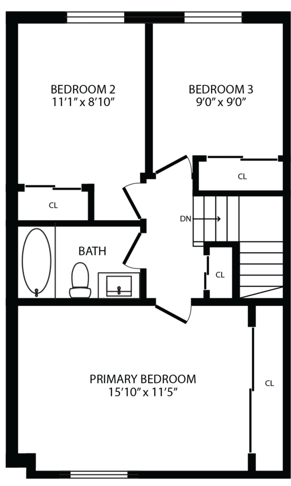 2d floorplan of the second floor of a 3 bedroom, 2 bathroom town home