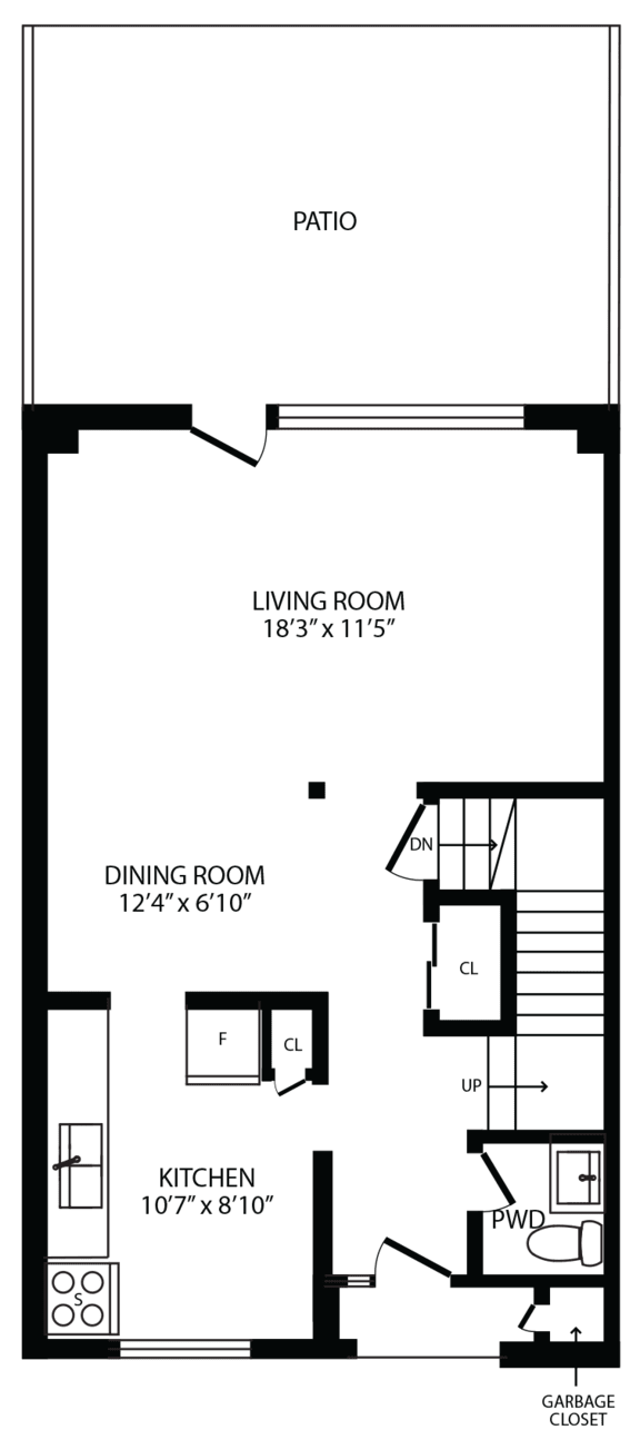 2d floorplan of the ground floor of a 4 bedroom, 2 bathroom town home