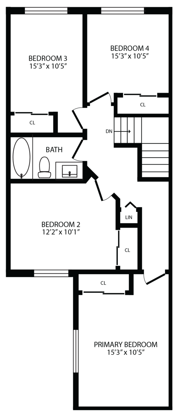 2d floorplan of the second floor of a 4 bedroom, 2 bathroom town home