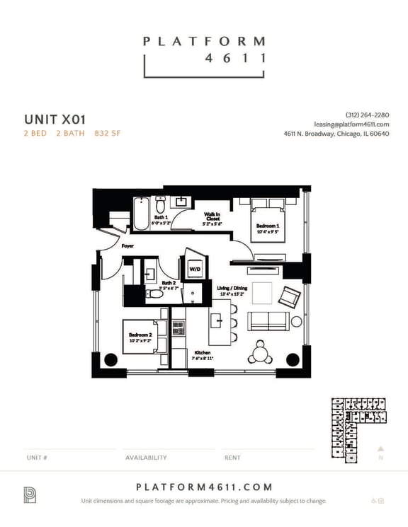 2 Bedroom 2 Bath Floor plan unit X01 at Platform 4611, Illinois, 60640