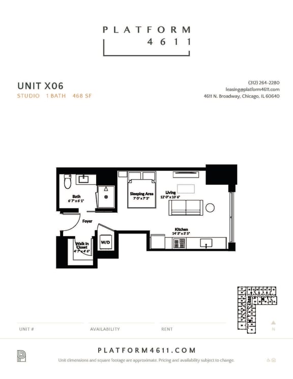 Studio floor plan of unit x96 at Platform 4611, Illinois, 60640