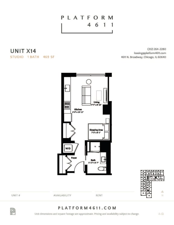 Studio floor plan of unit x14 at Platform 4611, Chicago