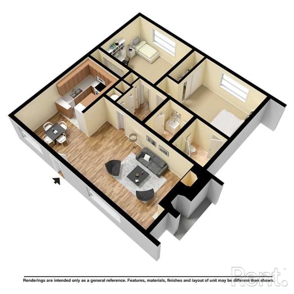 a 3d floor plan of a small apartment