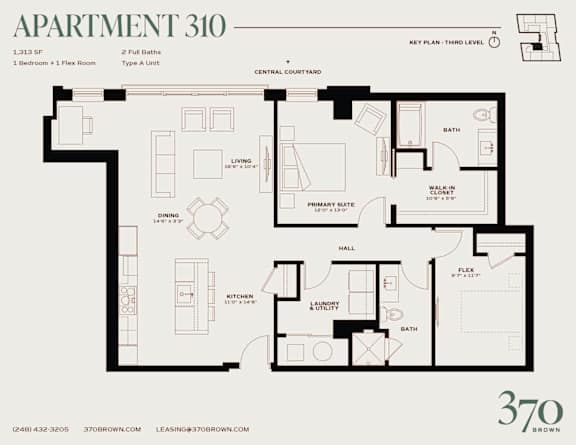 Apartment 310 floor plan with a living area, dining area, kitchen, and bathrooms.